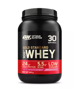 Proteine din zer 100% Whey Gold Standard aroma de ciocolata alba cu zmeura